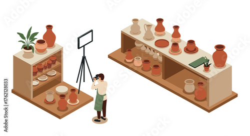 Isometric ceramic shop display with photographer capturing pottery arrangements