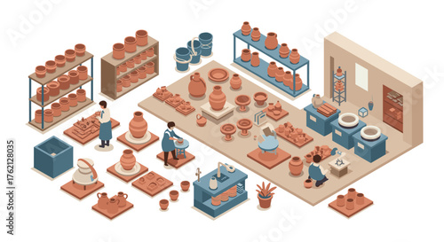 Pottery workshop scene with artisans crafting ceramics in isometric style