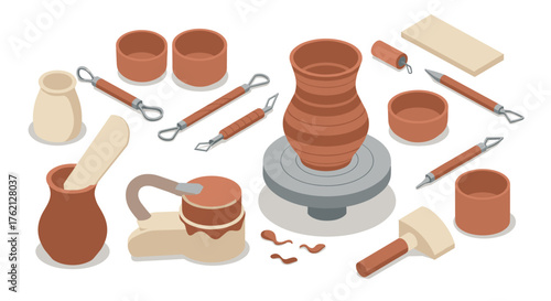 Isometric pottery workshop tools and clay art supplies for crafting