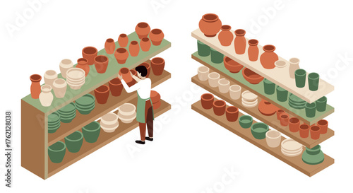Isometric pottery store with shelves filled with various clay pots and vases