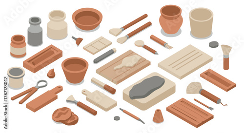 Pottery tools isometric composition featuring clay sculpting equipment