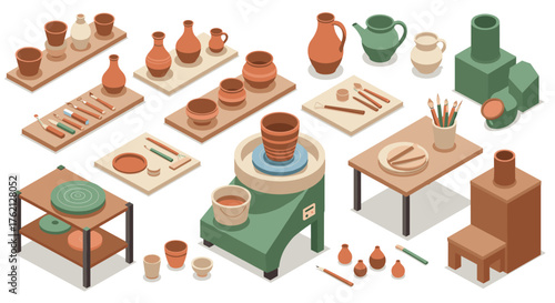 Isometric pottery workshop scene with tools and clay on tables and shelves