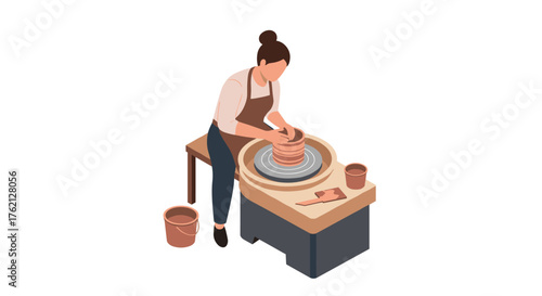 Crafting pottery on the wheel artisanal clay work in flat style