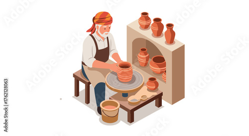 Isometric potter crafting clay vessels on pottery wheel in workshop setting