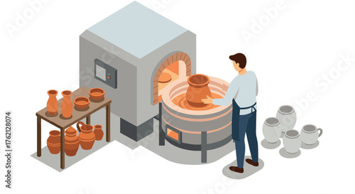 Potter using kiln for ceramic creation in isometric style workshop scene