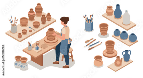 Isometric pottery workshop artist crafting clay pottery with tools and vases in a creative studio setup