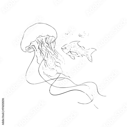 A jellyfish with long tentacles and a small fish swimming nearby in a simple black and white drawing