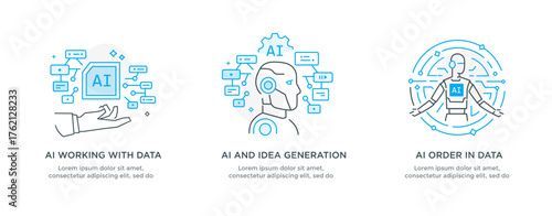 Set of illustrations concept with businessmen. technology, partnership, artificial intelligence business robot, cybes. linear illustration Icons infographics. Landing page site print poster. Line