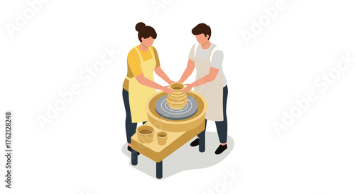 Couple creating pottery together in isometric style art scene