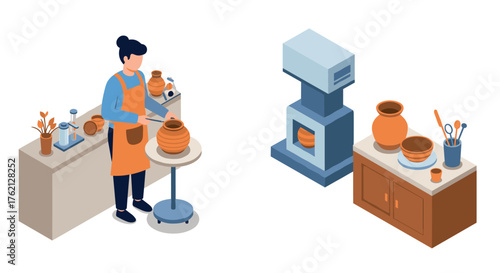 Isometric pottery workshop with artisan and ceramic tools in a creative studio setting