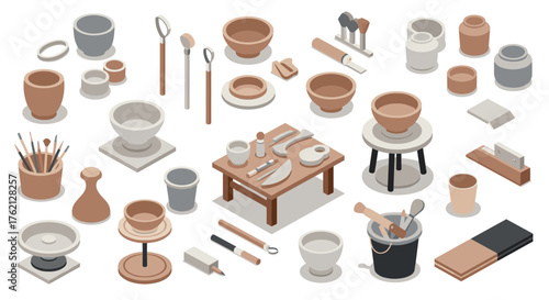 Ceramic pottery workshop essentials in isometric view