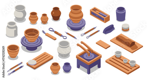 Isometric pottery tools and ceramics set with sculpting elements on white background