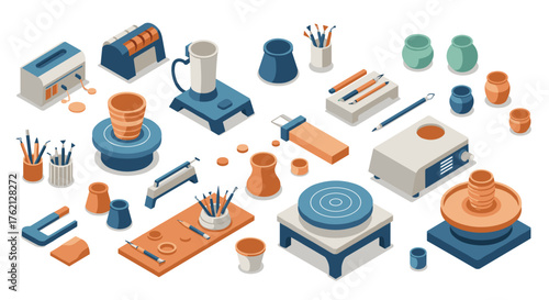 Isometric pottery workshop tools and equipment on white background