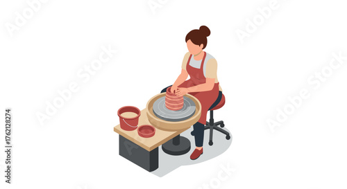 Isometric pottery artist working at wheel in studio