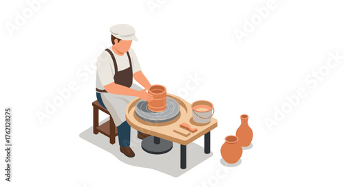 Isometric potter at work on wheel in ceramic studio