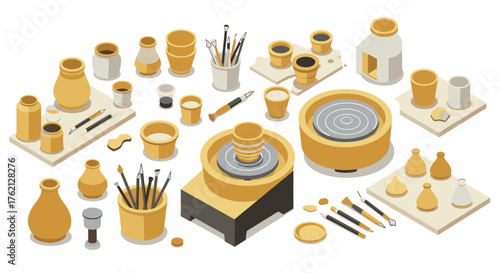 Isometric pottery studio with tools and ceramics on display