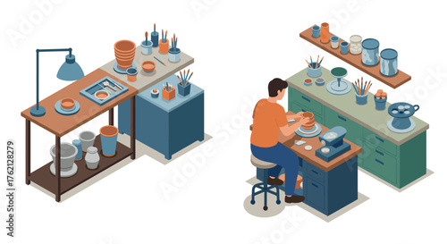 Creative potter shaping clay in modern ceramic studio isometric art
