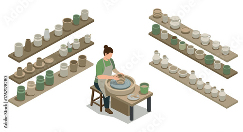 Pottery making in isometric style artisan crafting on pottery wheel with ceramic shelves