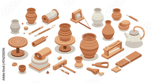 Isometric pottery workshop tools and clay vases on white background