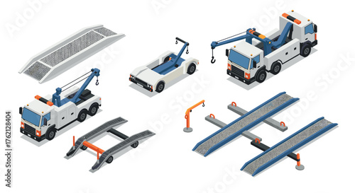 Isometric tow trucks and equipment set for emergency road services
