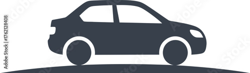 Dark sedan car icon on a road representing transportation and vehicle ownership