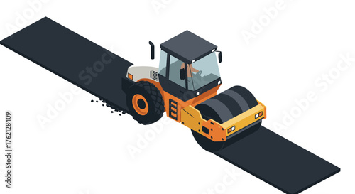 Isometric road roller on fresh asphalt construction vehicle in action