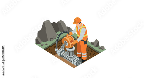 Isometric construction worker operating industrial machinery in outdoor excavation site
