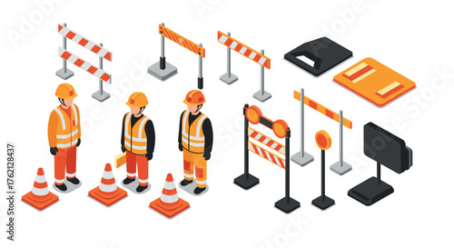 Isometric roadwork scene with construction workers and safety barriers