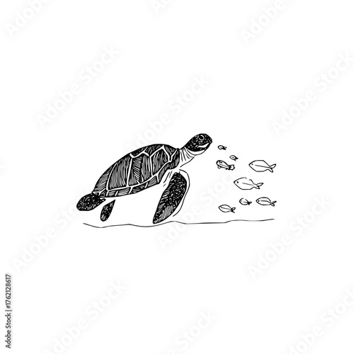 A black and white drawing of a sea turtle swimming with a school of fish in the ocean water scene design