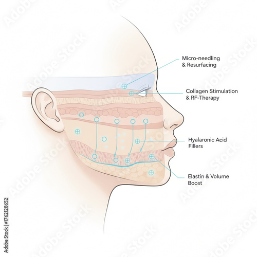 Detailed medical illustration showing facial skin layers and rejuvenation treatments like microneedling, collagen therapy, and hyaluronic fillers. Vector illustration