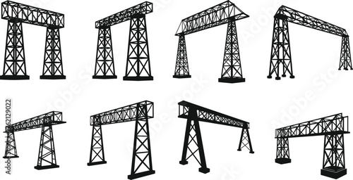 Black vector silhouettes of industrial gantry cranes showcasing structural variations for construction, engineering, lifting systems, and heavy equipment design reference