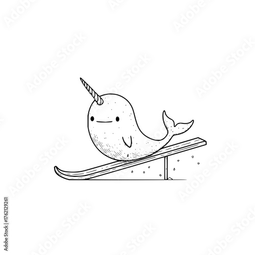 Cartoon narwhal with a horn on a wooden ski ramp in black and white line art illustration style