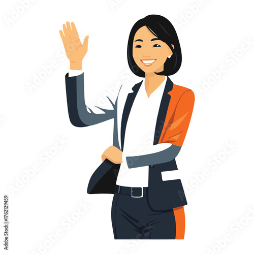 Friendly asian businesswoman in professional attire waving hello with a warm smile and confident demeanor isolated on white background