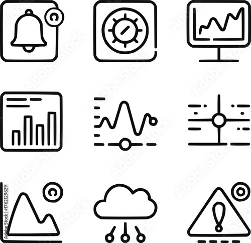 System Alert Line Icon Collection Anomaly Detection, Thresholds, and Warning Symbols