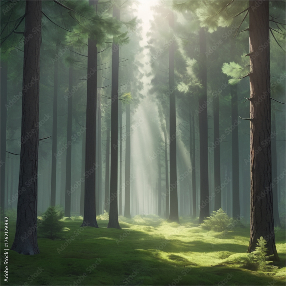 Fototapeta premium Green Forest with Sunlight Rays – Nature Background (Generative AI)