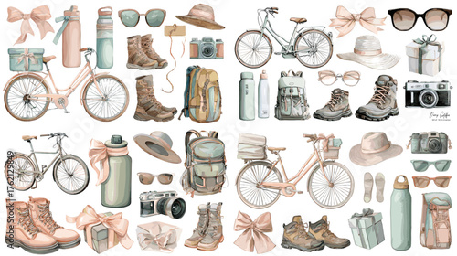 Watercolor illustration of travel and outdoor essentials: bicycles, boots, backpacks, bottles, and cameras. Soft pastel tones ideal for adventure, lifestyle, or travel-themed designs.
