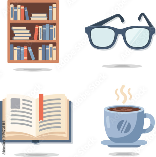 Flat 2D vector illustration of an icon set featuring a bookshelf with books, a pair of glasses, an open book with a bookmark, and a steaming cup of coffee on a saucer.