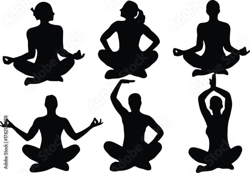 Set of various yoga and meditation pose silhouettes for women, representing mindfulness, wellness, relaxation, and spiritual practice.