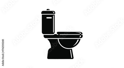 A clean and modern toilet in a simple black silhouette against a white background representing bathroom fixtures and plumbing silhouette
