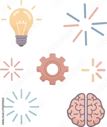 Flat 2D vector illustration of an icon set featuring a lightbulb, gear, brain, and starburst designs in a colorful, modern style against a clean white background.