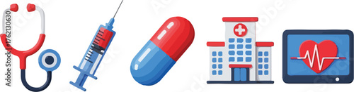 Flat 2D vector illustration of a medical icon set including a stethoscope, syringe, pill, hospital, and heart rate monitor on a screen.