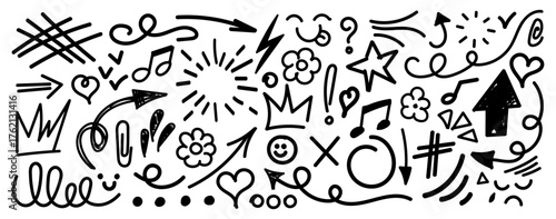 Collection of hand drawn doodles and squiggles for text highlighting sign. Set of different design elements with scribbles texture. Black brush strokes. Simple cute vector swashes and strokes