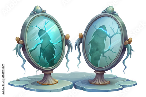 Ancient silver mirror vector reflecting ghostly figure in dim light, cracks running across frame, white isolated background