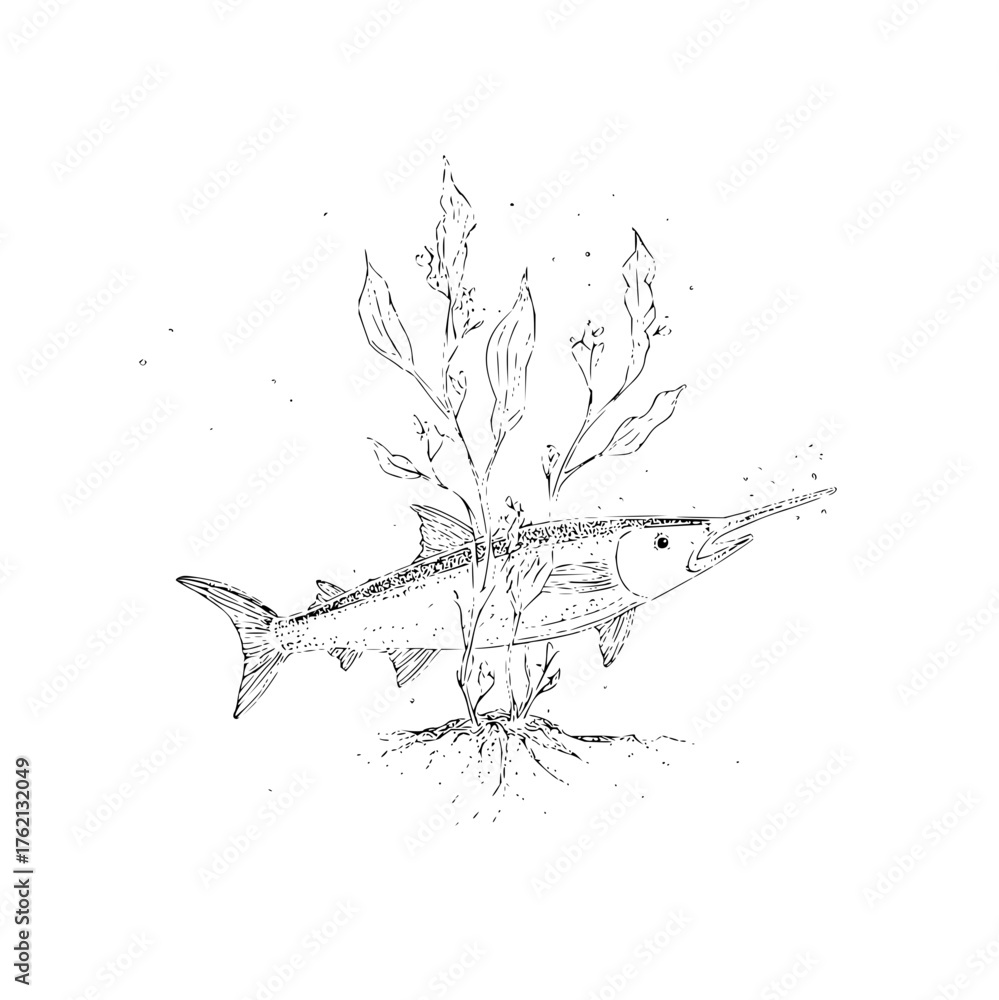 Obraz premium A sketch of a swordfish swimming near aquatic plants in black and white on a white background art