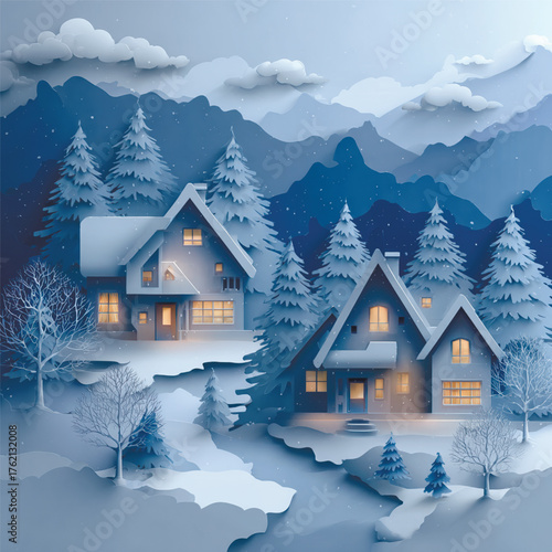 Elegant paper cut winter landscape with glowing houses, snowy trees, and mountain background. Peaceful Christmas night atmosphere and cozy feeling. Vector illustration