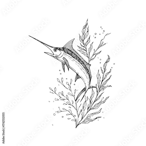 Illustration of a swordfish swimming among seaweed with bubbles in a black and white drawing style