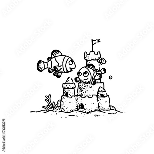 Illustration of two clownfish near a sandcastle with turrets and a flag in black and white style