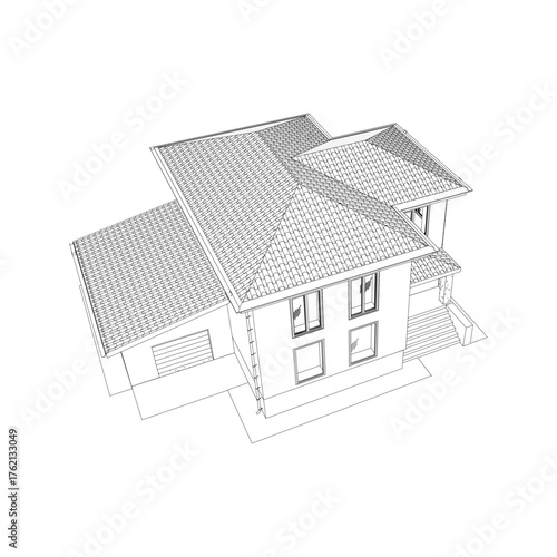 Vector wireframe perspective of luxury modern house exterior. 3D vector model of cottage isolated on white background.