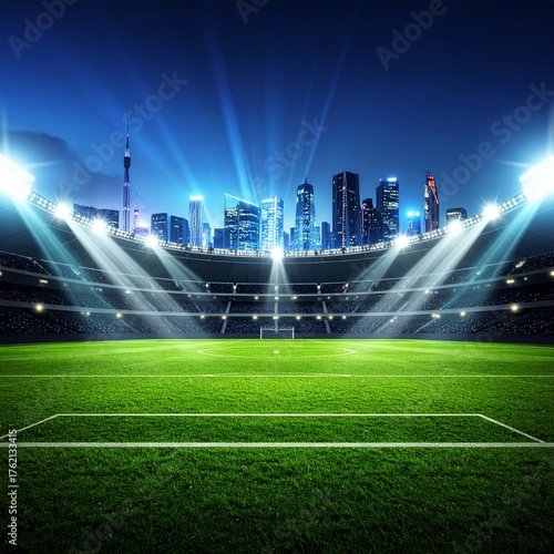 Football Stadium – Modern Sports Arena with Bright Lights and Green Field for Match, Tournament, and Event Promotion Design