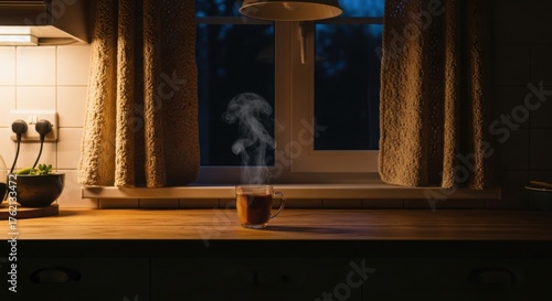 Cozy evening scene with steaming cup and kitchen window at night